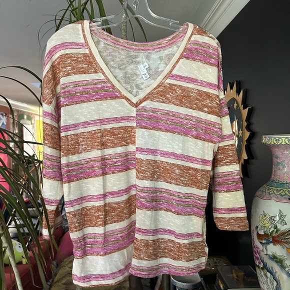 Tribal Jeans Chic Striped V-Neck Blouse in Cream, Brown, and Pink Small - Picture 11 of 16